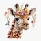 Bohemian Baby Giraffe with Bursting Blooms, Watercolor, Isolated on White background - Generative AI