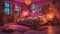 A bohemian bedroom with neon lights creating a vibrant and artistic