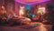 A bohemian bedroom with neon lights creating a vibrant and artistic