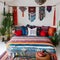 Bohemian Bliss: An eclectic bedroom where vibrant tapestries, macrame wall hangings, and tasseled pillows come together A low-ha