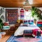 Bohemian Bliss: An eclectic bedroom where vibrant tapestries, macrame wall hangings, and tasseled pillows come together A low-ha