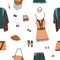 Bohemian fashion style seamless pattern. Boho and gypsy clothes, accessories. Hand drawn colorful background.