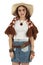 Bohemian festival style attractive model wearing a blank white t-shirt and cowboy hat