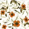 Bohemian garden with wild orange flowers and white daisies in hand drawn style. Vintage boho seamless pattern, bouquet decoration