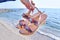 Bohemian greek sandals on the beach