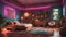 A Bohemian-inspired bedroom with neon lights creating a vibrant and artistic