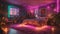 A Bohemian-inspired bedroom with neon lights creating a vibrant and artistic