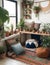 bohemian inspired interior design filled with floor cushions tapestries and potted plants