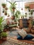 bohemian inspired interior design filled with floor cushions tapestries and potted plants