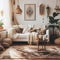 Bohemian living room interior with cozy beige couch, modern minimalist design of apartment. Created with generative AI