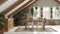 Bohemian mezzanine living room in boho style. Dining table with chiars and wooden oak sideboard with gabled ceiling. Potted plants