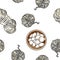 Bohemian seamless border pattern. Wooden bowls with white pebble stones and cotton yarn background. Boho hand drawn hygge