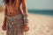 Bohemian styled girl wearing indian silver jewelry on the beach. Generative Ai