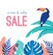 Bohemian Summer, Modern summer sale post design with toucan, flamingo, jungle leaves