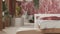 Bohemian wooden bedroom and bathroom in boho style in white and red tones. Bed, bathtub and jute carpet, potted plants. Window