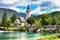 Bohinj Lake, Church of St John the Baptist with bridge. Triglav National Park,Slovenia.
