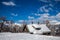 Bohinj, Slovenia - Winter view of the snowy ski hut at the top of Vogel mountain in the Alps at Triglav National Park