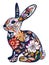 Boho bunny illustration with floral pattern on its skin. Isolated clip art element for Easter