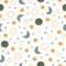 Boho celestial seamless pattern with stars, planet, moon and sun. Pastel colors universe surface design