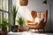 Boho Chic Oasis Brown Leather Mid-Century Wing Chair, Potted Houseplants, and Window Viewsâ€”Modern Living Room\\\'s. AI