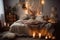 a boho chic room with soft blankets and pillows, a candle, and dream catcher