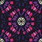 Boho Colorful Tie-Dye Shibori Mirrored Sunburst Mandala on Dark Indigo Striped Background Vector Seamless Pattern