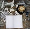 Boho cracky background for mockup with cup of cappuccino. Desk for artist, painter. Copy space for text. Natural, rustic