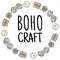 Boho craft logo. Cotton yarn and brown craft boxes packages doodles in wreath composition. Handmade logo design. Hand drawn cute