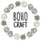 Boho craft logo. Cotton yarn doodles in wreath composition. Handmade logo design. Hand drawn cute cartoon image