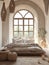 Boho interior design of modern bedroom. Arched stucco ceiling and grid window in farmhouse room