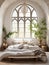 Boho interior design of modern bedroom. Arched stucco ceiling and grid window in farmhouse room