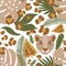 Boho jungle botanical pattern. Tropical leave seamless pattern with leopard. Summer floral jaguar print, earthtone