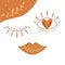Boho love symbol. Cute bohemian face. Boho eyes lips. Cute Valentines day element. Boho botnical shapes isolated vector