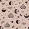 Boho moon phase pattern. Seamless background. Black graphic moon print, celestial moth, herb, stars