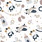 Boho newborn baby boy seamless pattern. Icons of baby items.