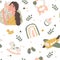 Boho newborn baby seamless pattern. Icons of baby items.