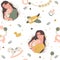 Boho newborn baby seamless pattern. Icons of baby items.