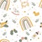 Boho newborn baby seamless pattern. Icons of baby items.