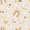 Boho newborn baby seamless pattern. Icons of baby items.