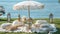 a boho picnic setup on lush grass near the ocean, featuring a cozy table set for two and a charming umbrella casting