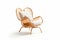 Boho Scandinavian Bliss: Rattan Lounge Chair with White Cushion on White Background