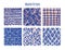 Boho seamless patterns set with ikat style for print design. Abstract repeat background. Blue tribal trendy vector