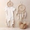 Boho style baby clothes mockup, gender neutral white baby clothes on neutral background