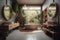 Boho style interior of bathroom with two opposite basins and mirrors and large window with beautiful view