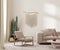 Boho style interior in earth tones, beige wall, armchair and sofa, decor and cactus, macrame on wall, 3d render