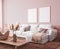 Boho style living room with dried plants and wooden furniture in pink background, Frame mock up in bright home interior