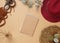 Boho style modern minimal home workspace desk with notebook, succulent, hat, aroma sticks, napkins on beige background.