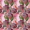 Boho style seamless pattern with tropical Protea flowers on a light pink background