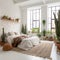 Boho styled bedroom interior, green houseplants and natural home decor