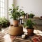 Boho styled room interior, green houseplants and natural home decor